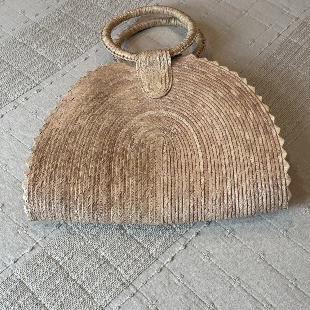 Woven Semi-Circle Top Handle Bag with Colorful Pom Accent Women's Handbag